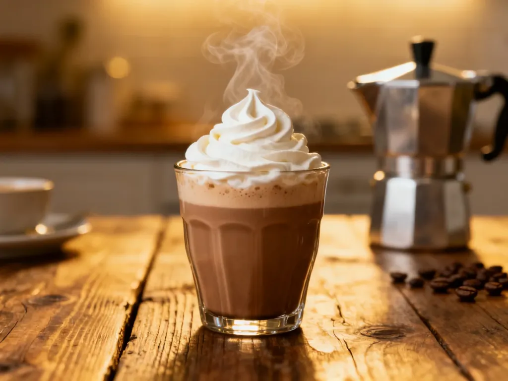 Parująca szklanka kawy mocha z bitą śmietaną na drewnianym stole, w tle kawiarka i ziarna kawy.