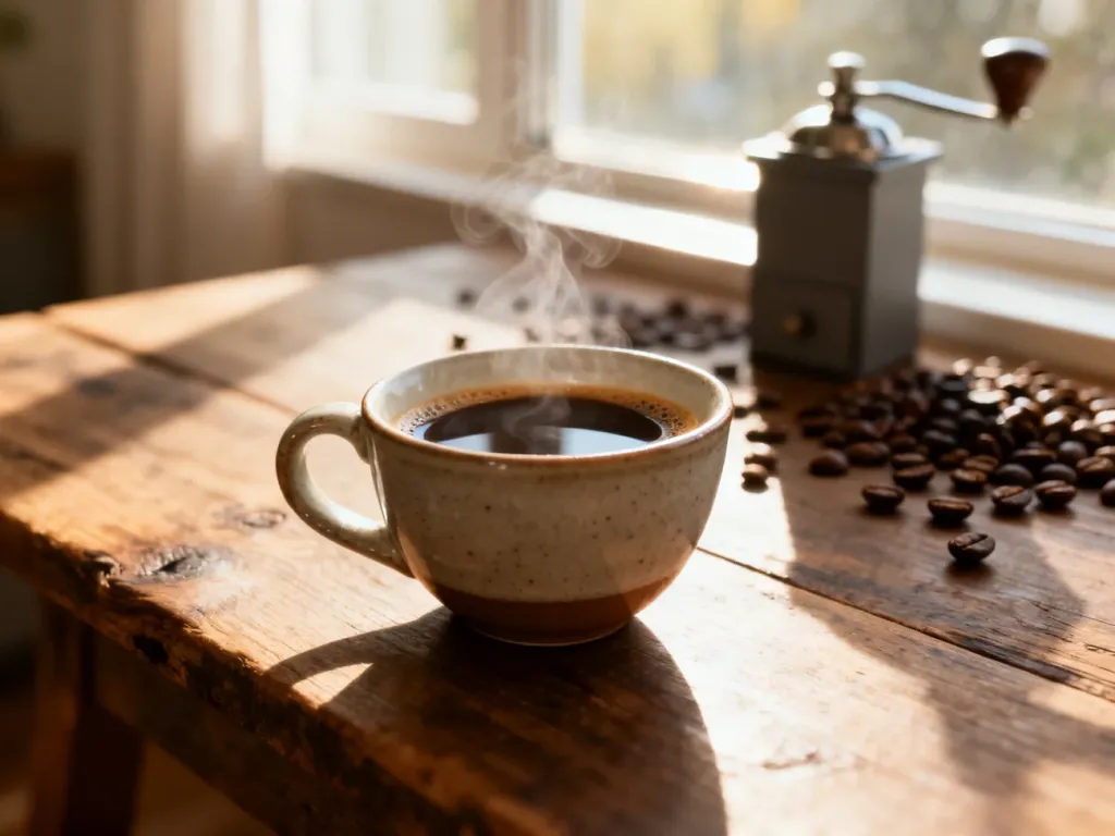 Parująca filiżanka świeżego espresso na drewnianym stole w otoczeniu ziaren kawy i młynka w porannym świetle.