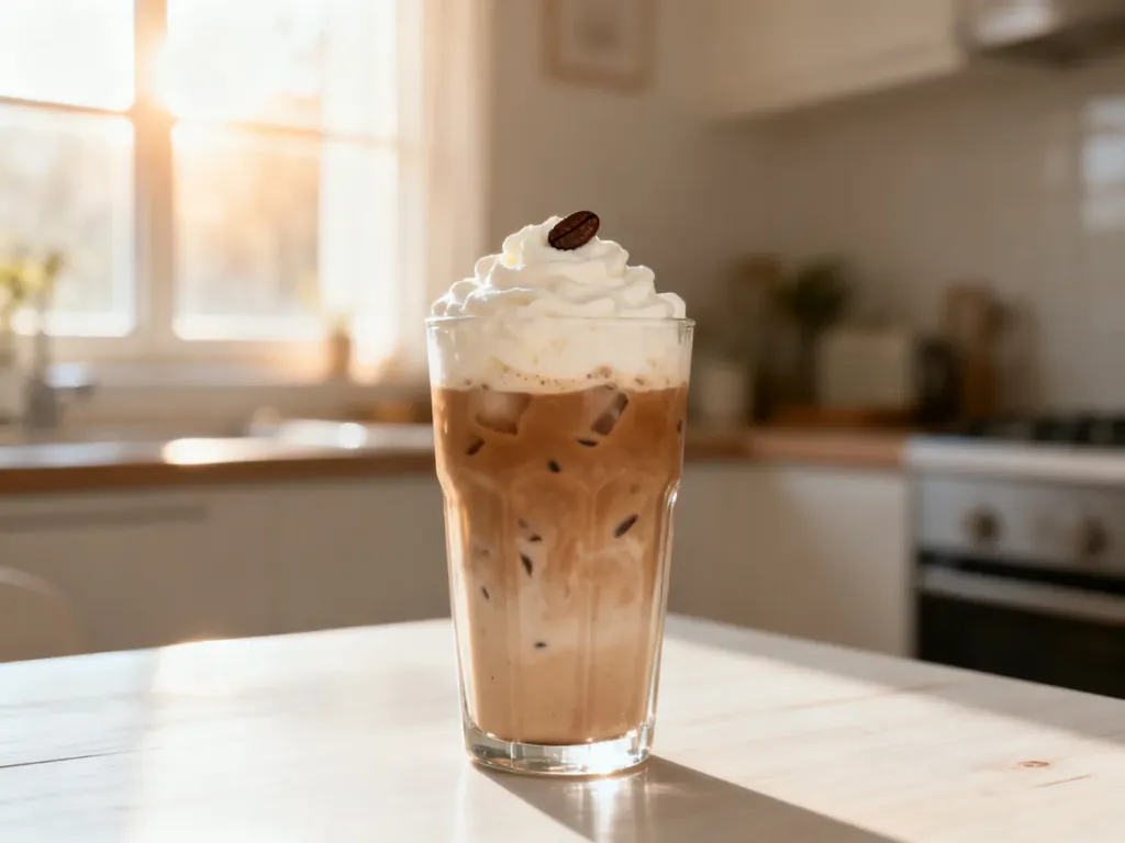 Wysoka szklanka mrożonej kawy frappe z gęstą pianką na jasnym drewnianym stole w słonecznej kuchni.